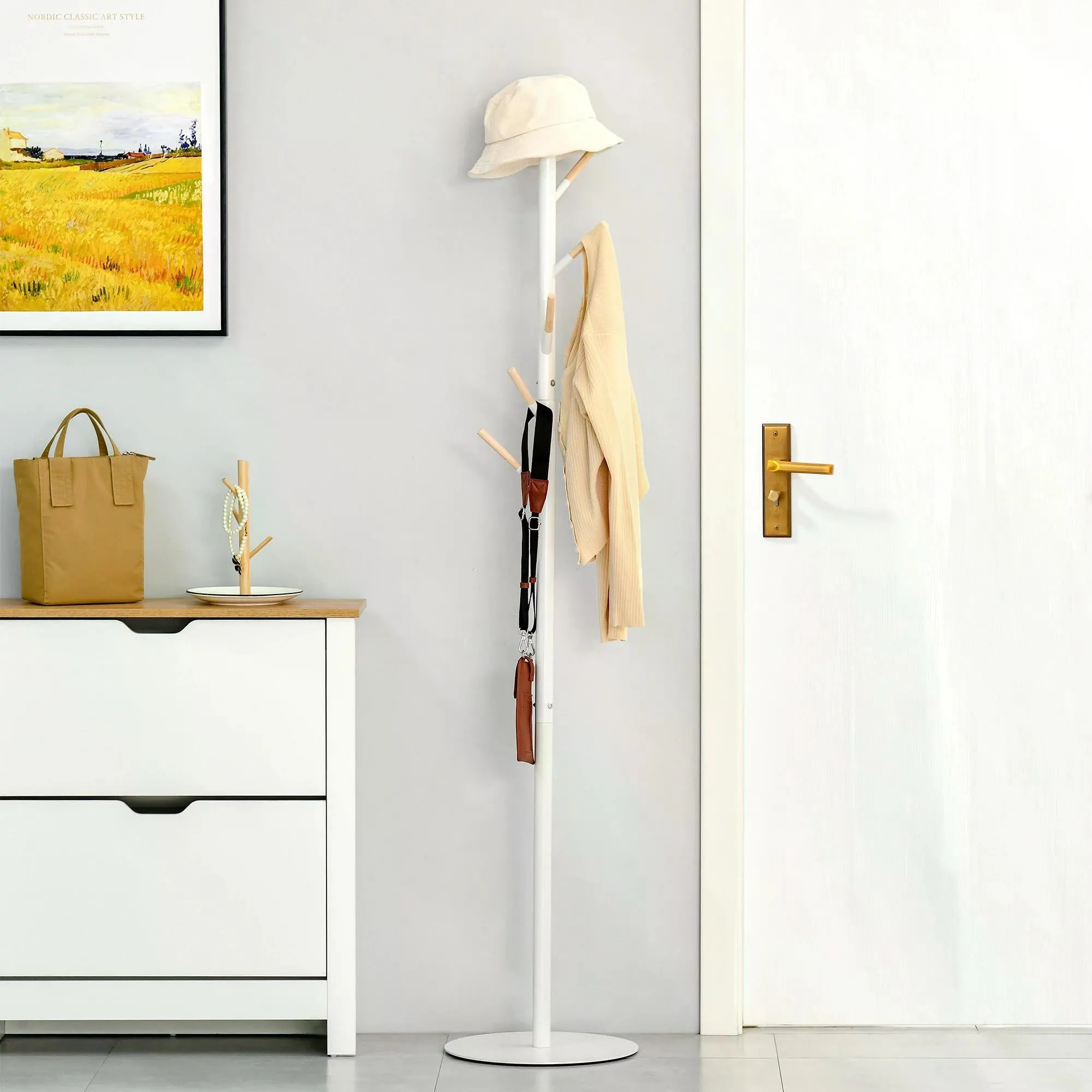 174cm Free Standing Coat Rack Stand with 6 Hooks Clothes Tree Hat Display Hall Tree Hanger Hanging Organizer White