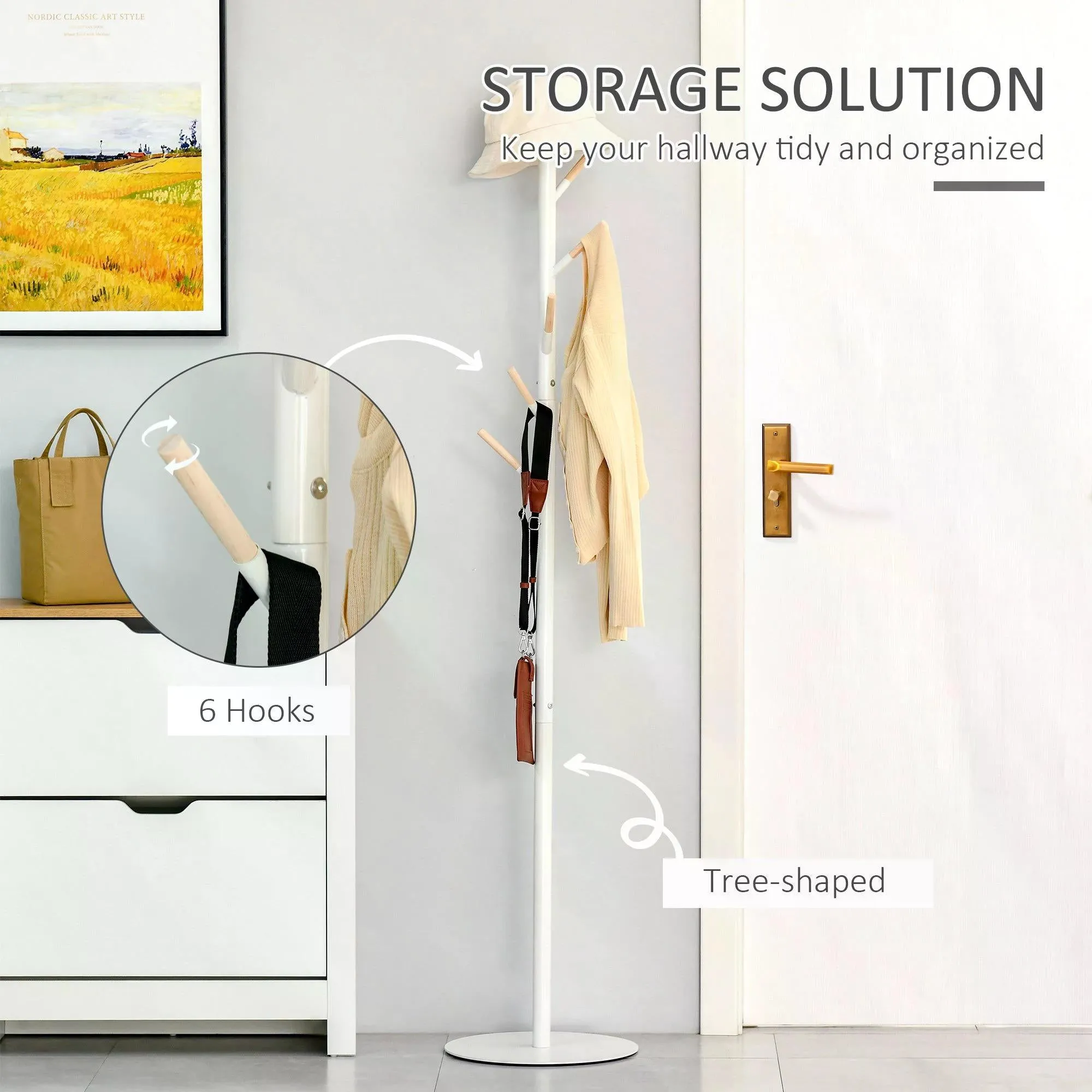 174cm Free Standing Coat Rack Stand with 6 Hooks Clothes Tree Hat Display Hall Tree Hanger Hanging Organizer White