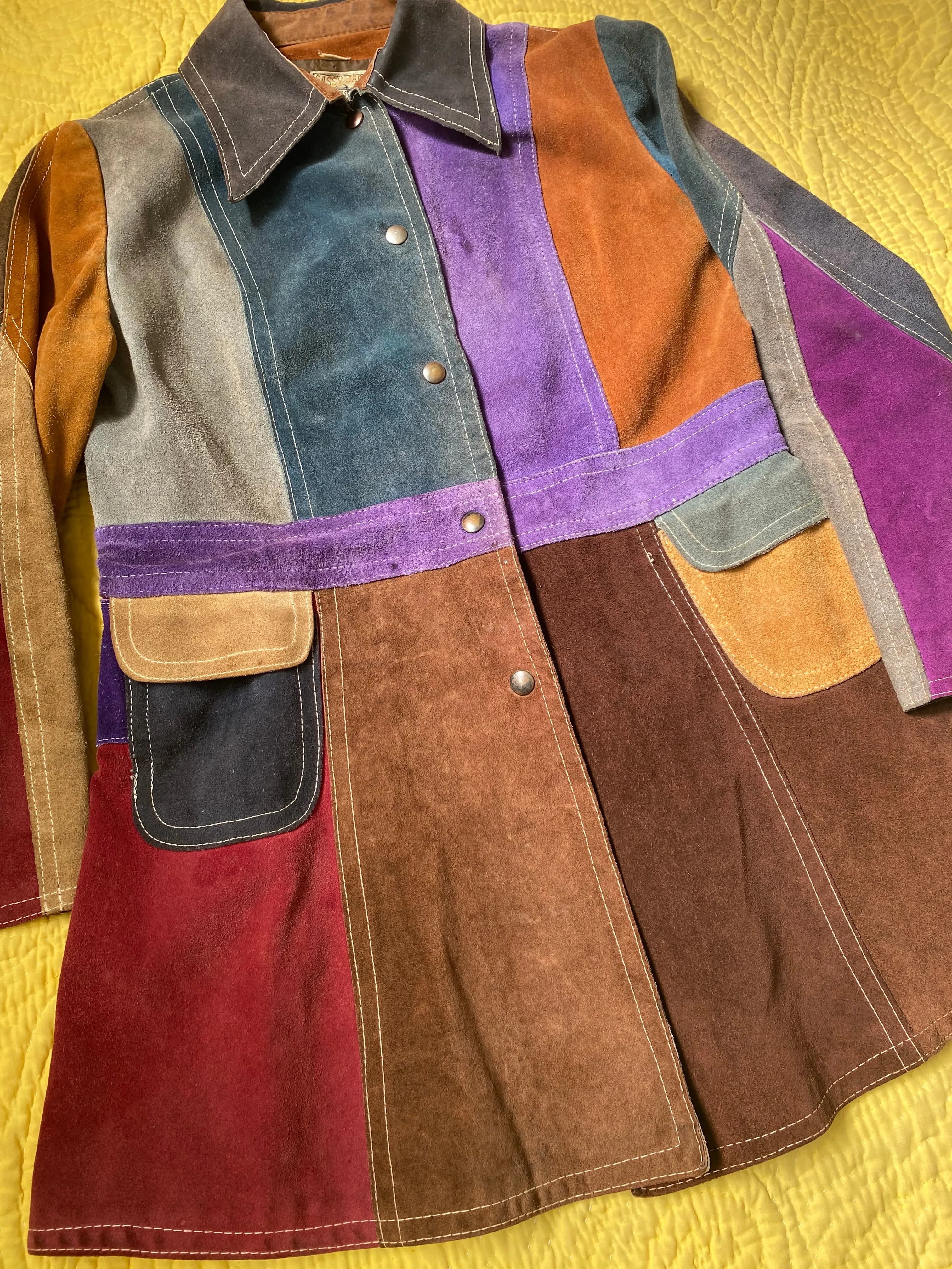 1970s Gassy Jack Color Block Suede Leather Coat Large