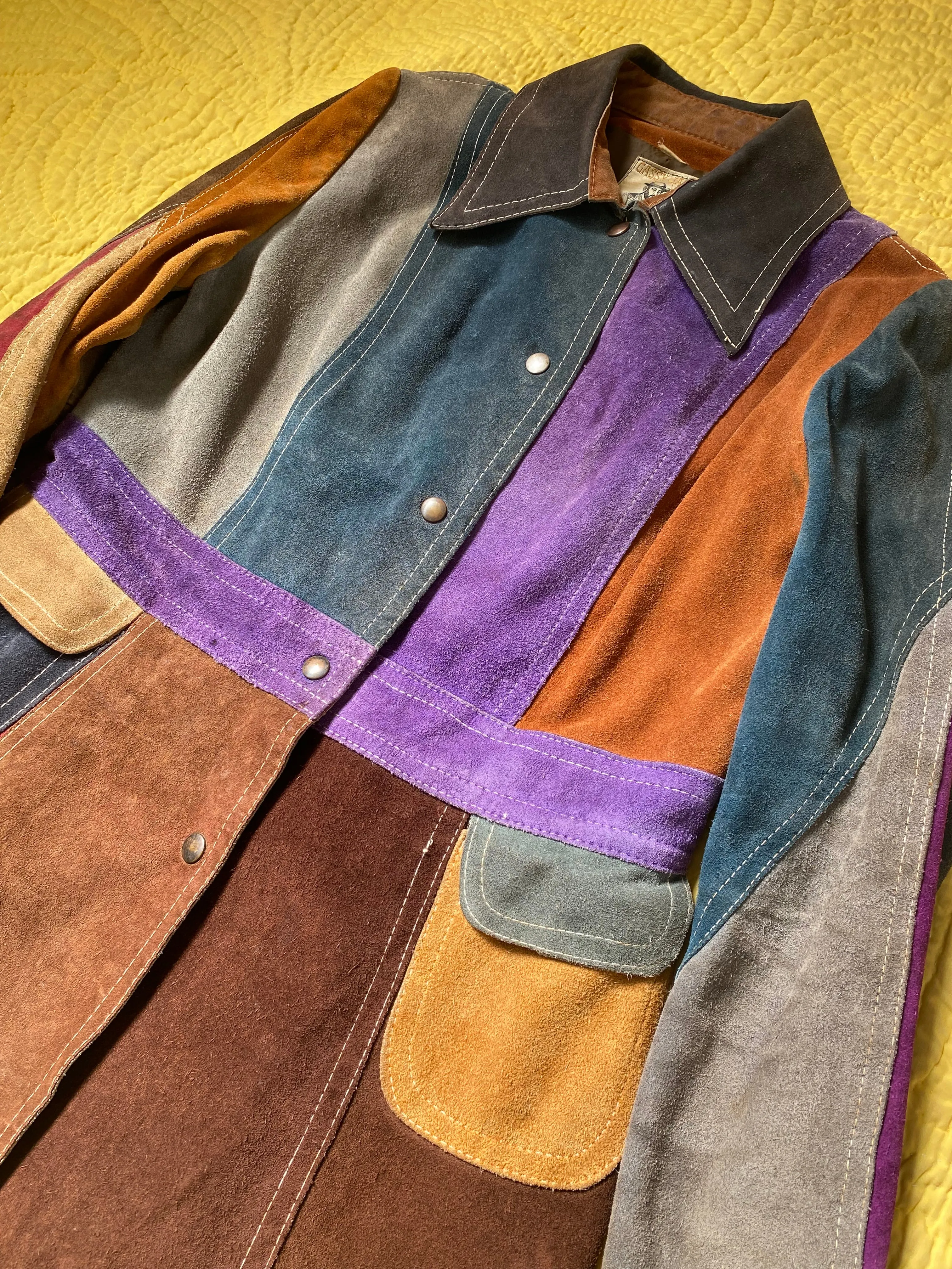 1970s Gassy Jack Color Block Suede Leather Coat Large