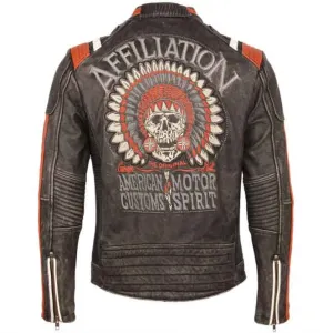 Affiliation Skull Embroidery Genuine Leather Motorcycle Jacket