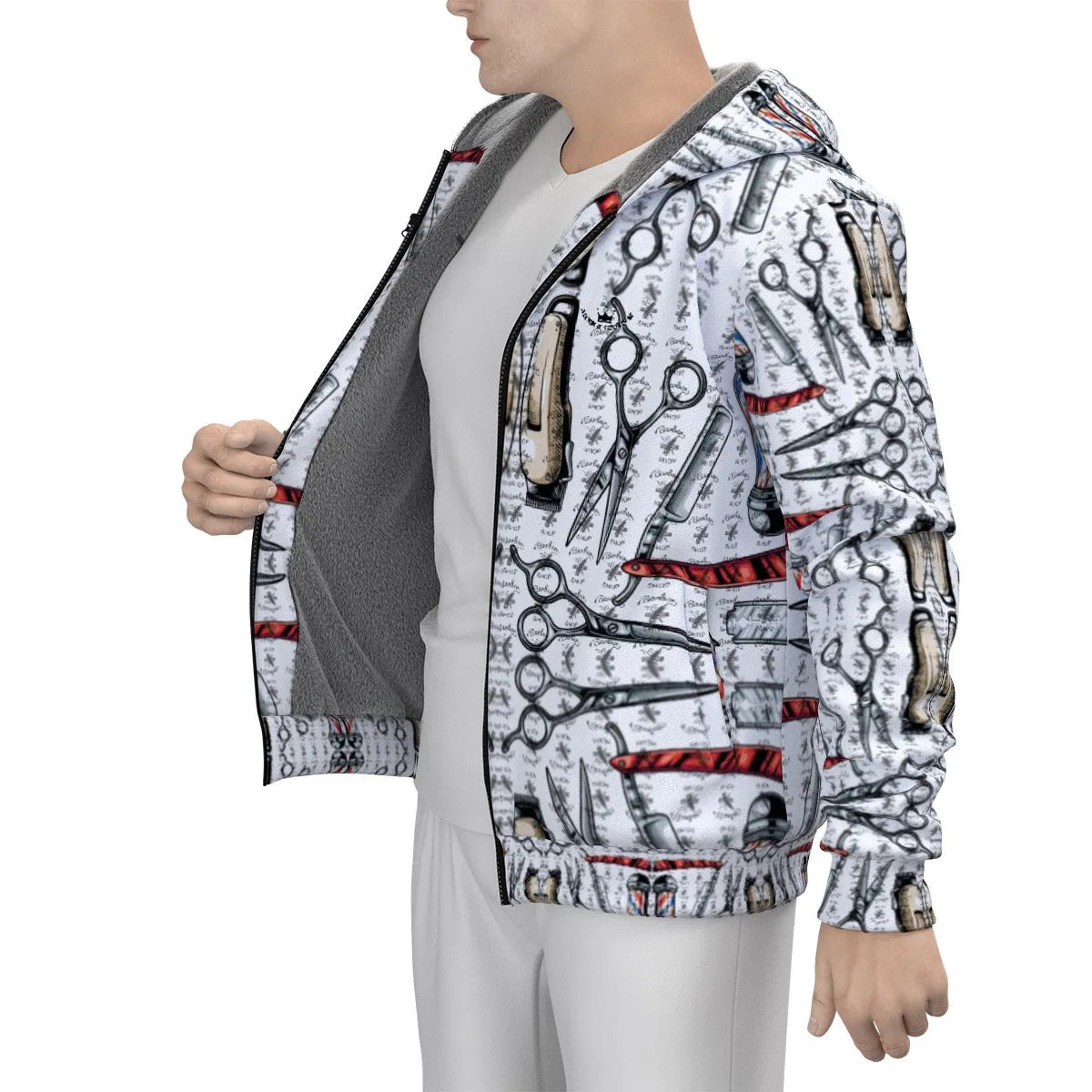 All-Over Print Men's Sherpa Fleece Zip Up Hoodie themed  barber4