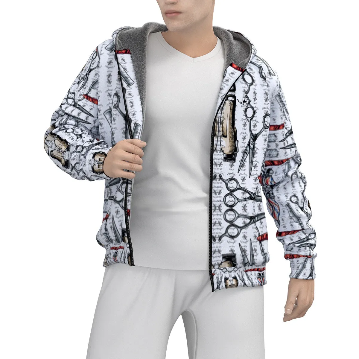 All-Over Print Men's Sherpa Fleece Zip Up Hoodie themed  barber4