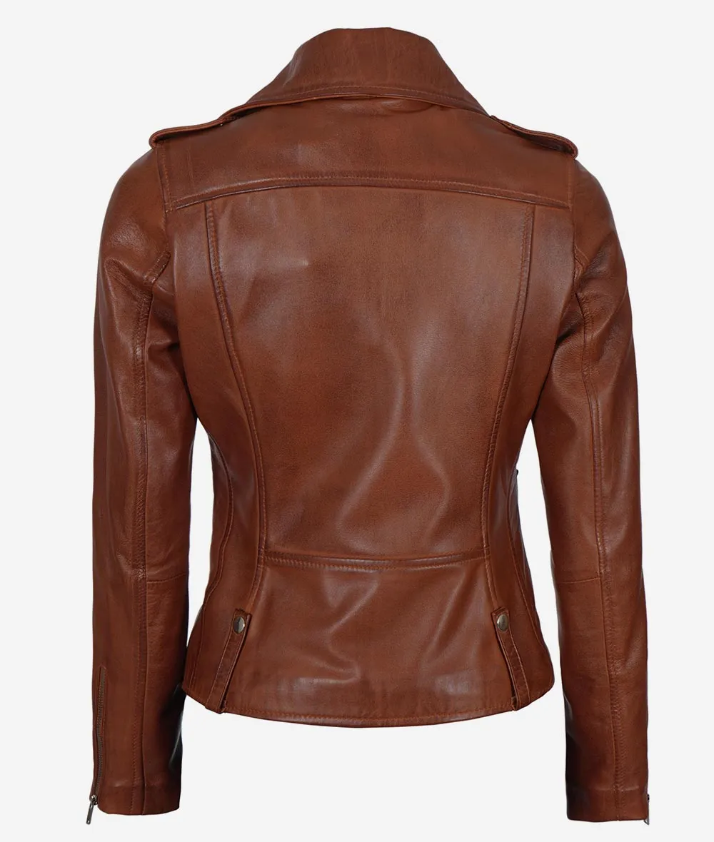 Asymmetrical Leather Moto Jacket  Cognac Biker Jacket