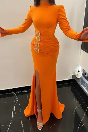 Beautiful Long Orange Mermaid High Neck Satin Long Sleeves Prom Dress With Slit