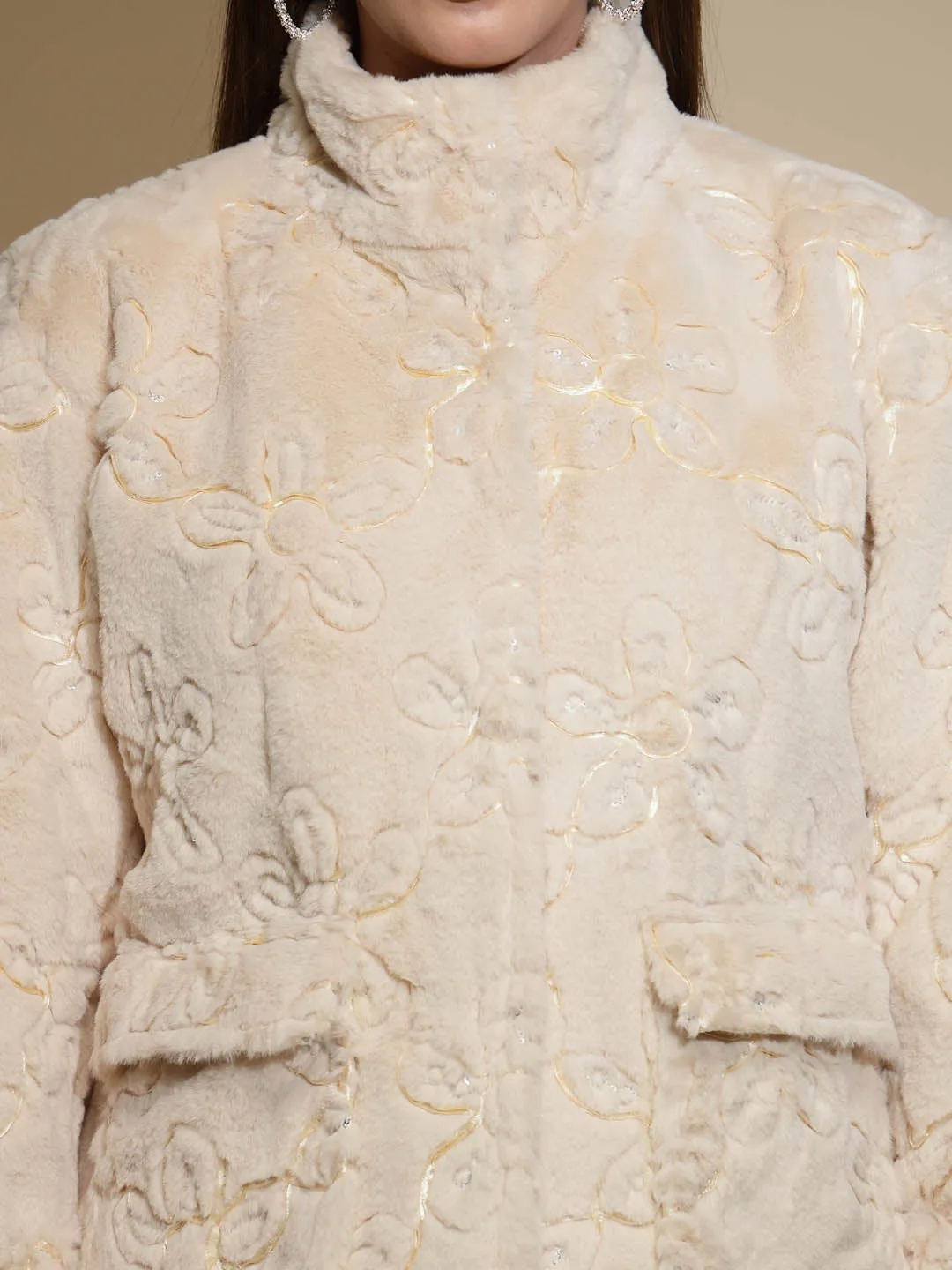 Beige Embroidered Full Sleeve Turtle Neck Woolen Bomber Jacket