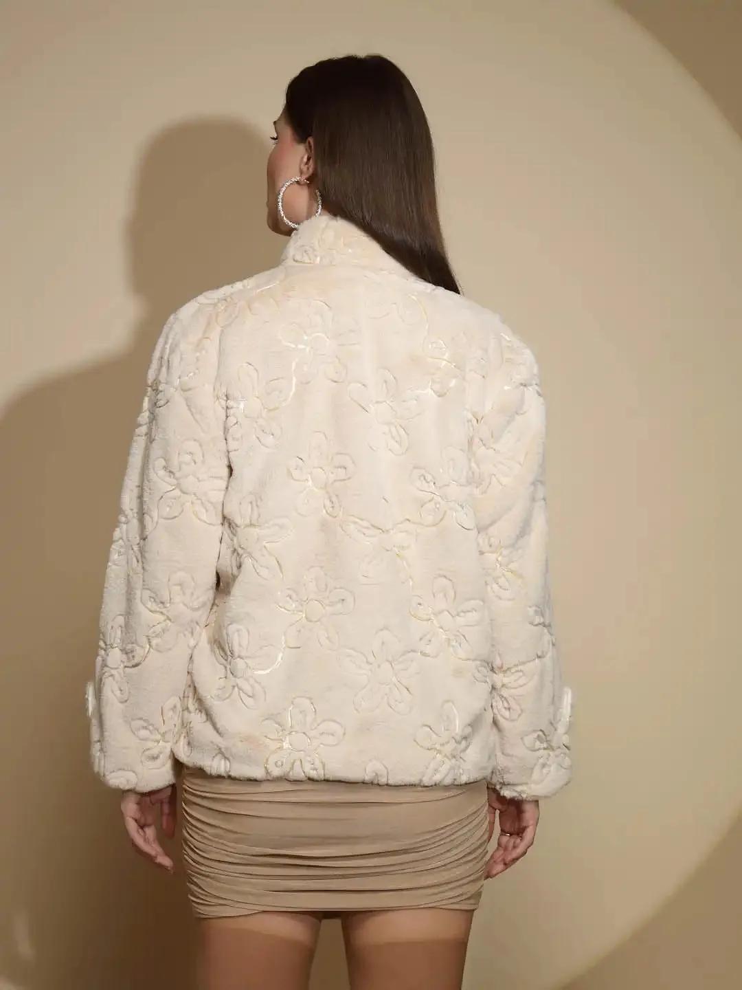 Beige Embroidered Full Sleeve Turtle Neck Woolen Bomber Jacket