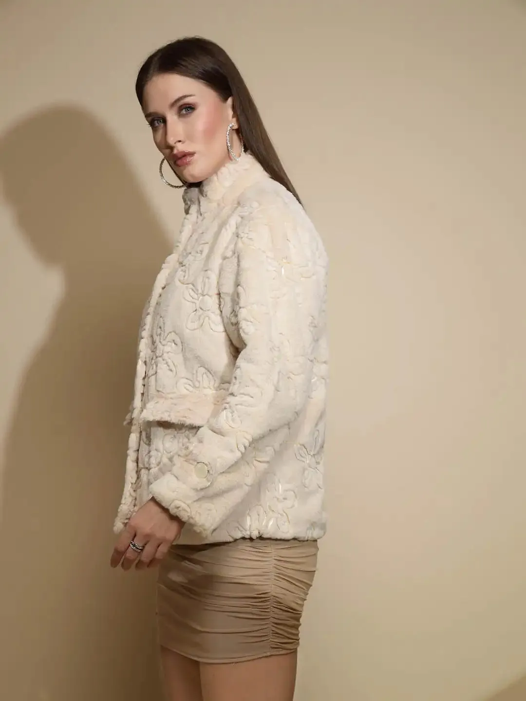 Beige Embroidered Full Sleeve Turtle Neck Woolen Bomber Jacket