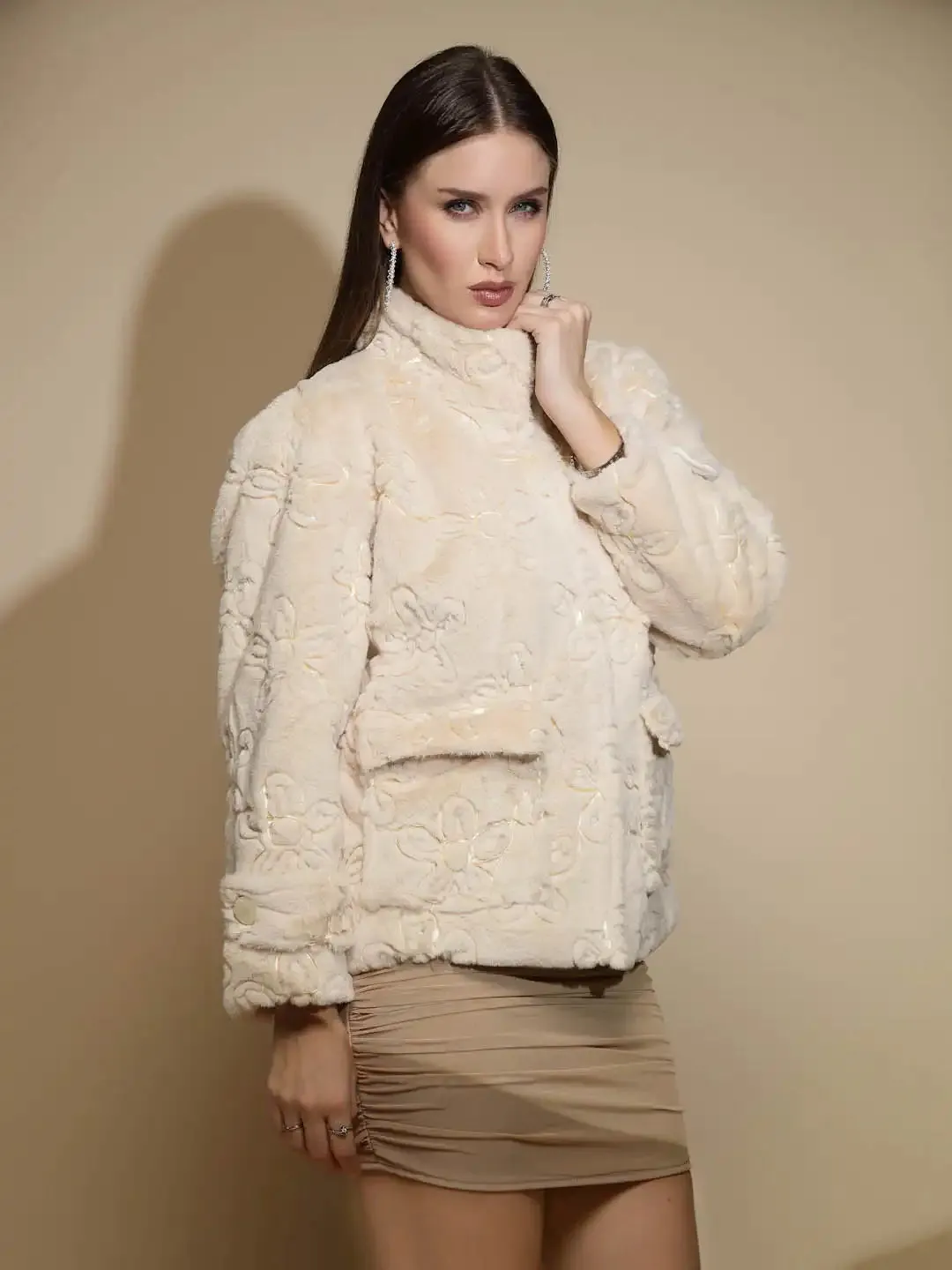 Beige Embroidered Full Sleeve Turtle Neck Woolen Bomber Jacket