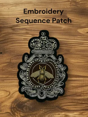 Brown Black Embroidery Patch With A Antique Golden Bee And Silver Outlining