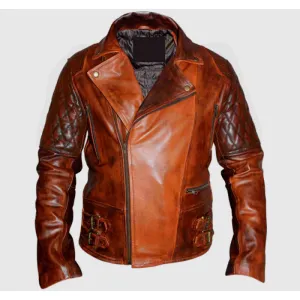 CLASSIC DIAMOND BIKER BROWN DISTRESSED LEATHER JACKET