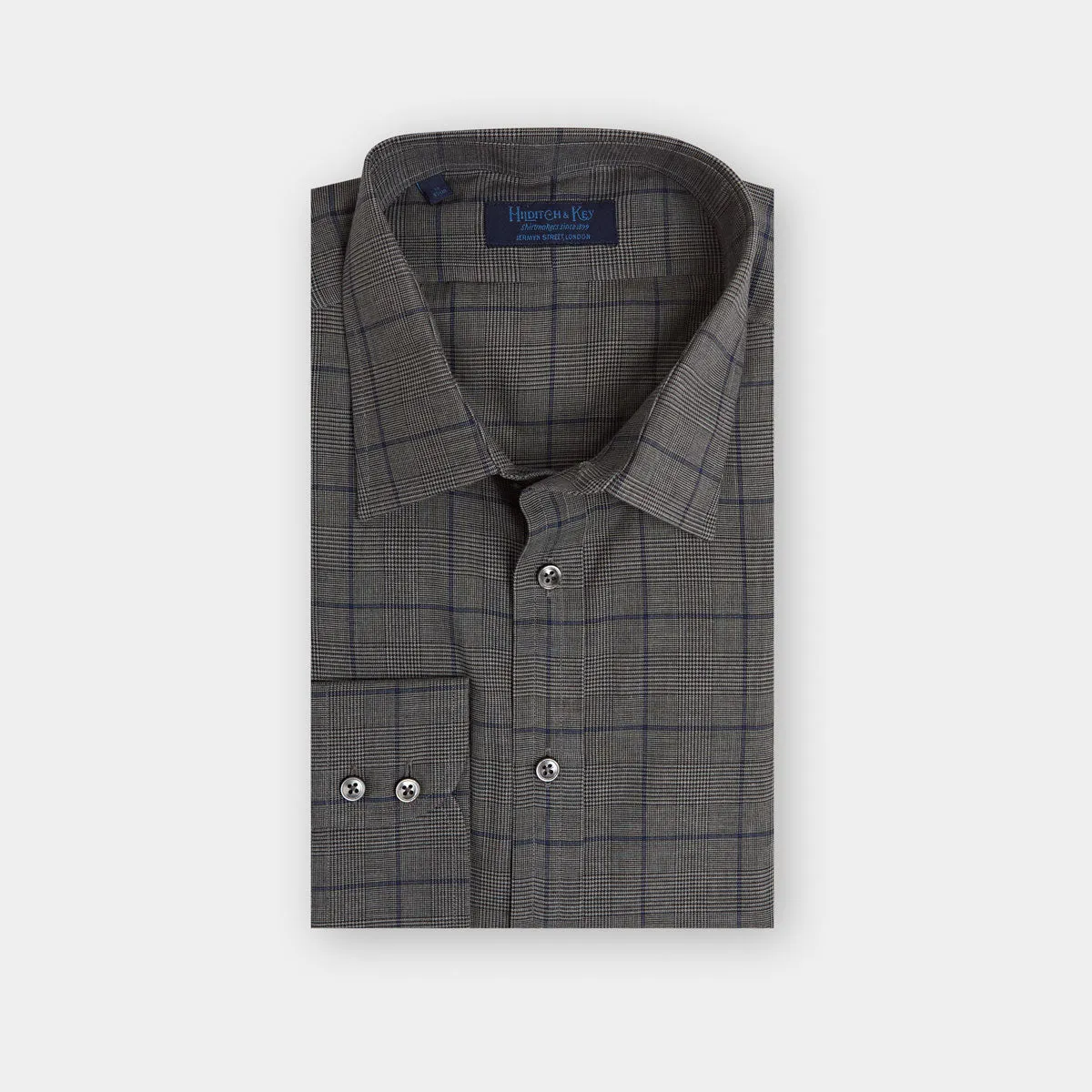 Contemporary Fit, Classic Collar, 2 Button Cuff Shirt in a Grey, Black & Navy PoW Check Twill Cotton