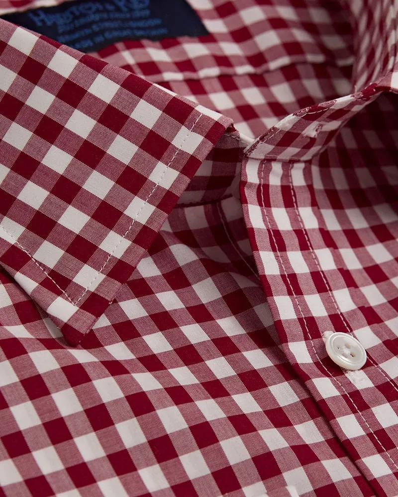 Contemporary Fit, Classic Collar, Double Cuff Red & White Gingham Check Poplin Cotton