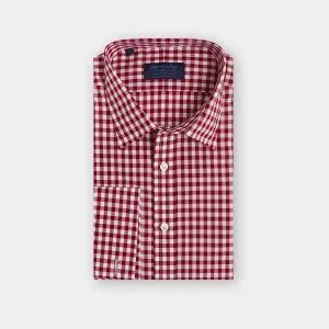 Contemporary Fit, Classic Collar, Double Cuff Red & White Gingham Check Poplin Cotton