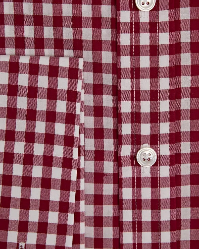 Contemporary Fit, Classic Collar, Double Cuff Red & White Gingham Check Poplin Cotton