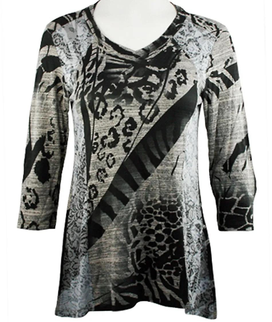 Cubism - Jungle Views, Burnout Side Panels V-Neck, 3/4 Sleeve Fashion Top