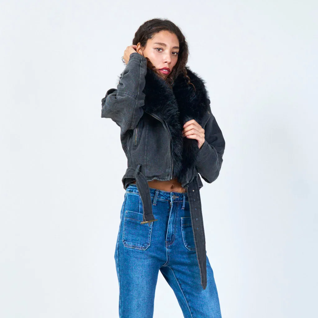 Denim jacket with faux fur collar wholesale