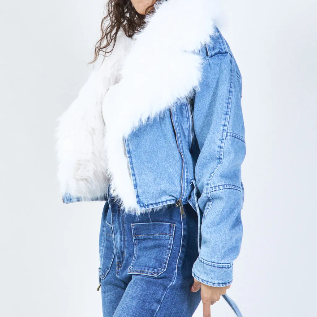 Denim jacket with faux fur collar wholesale