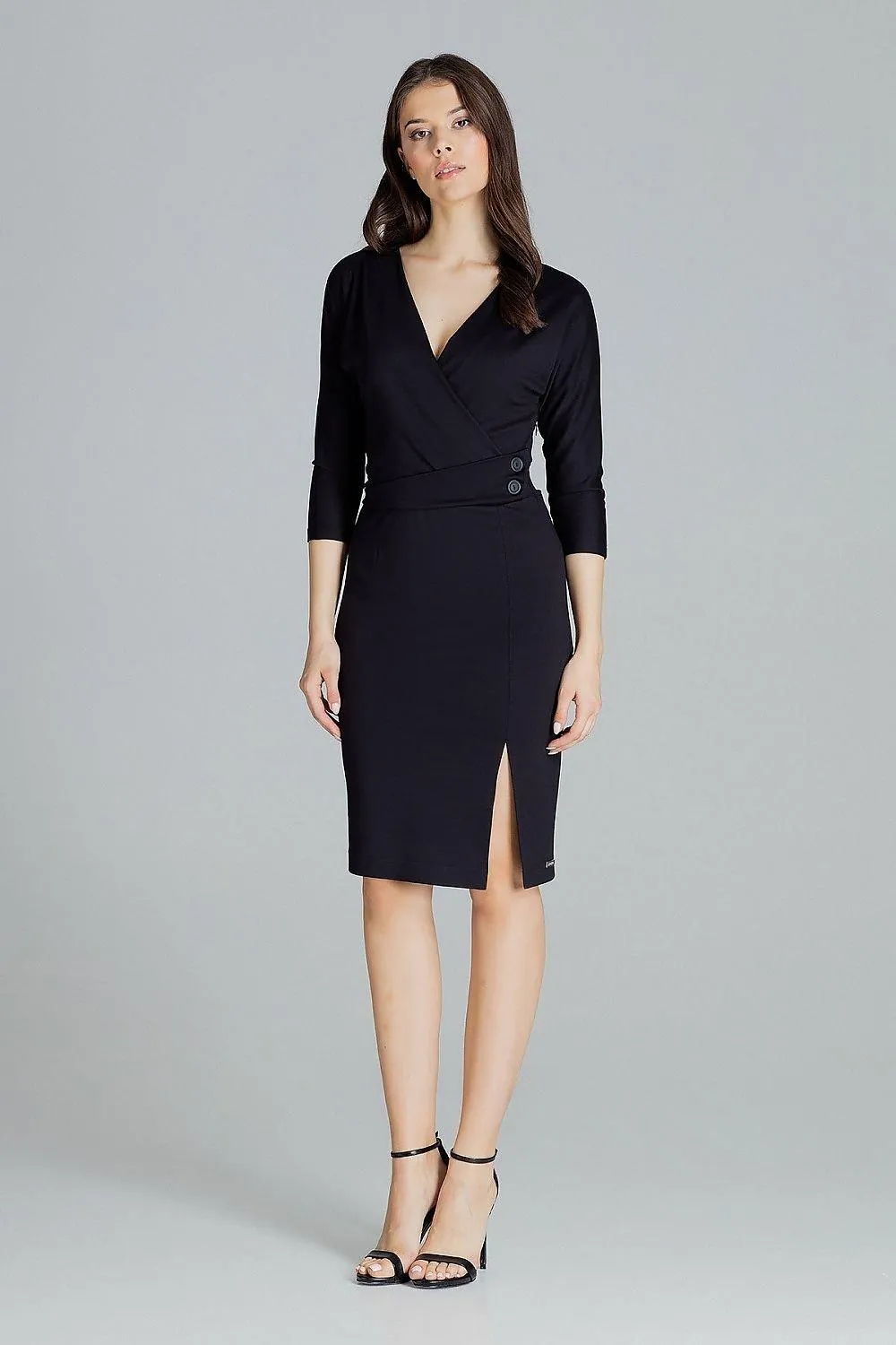 Elegant Black Midi Dress with Kimono Sleeves and Playful Front Slit