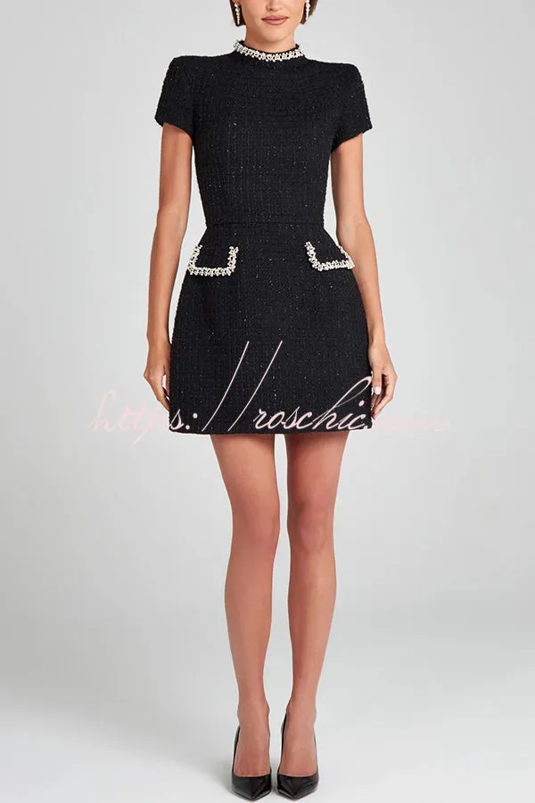 Exquisite and Playful Tweed Fabric Pearl Trim Short Sleeve Pocketed Mini Dress