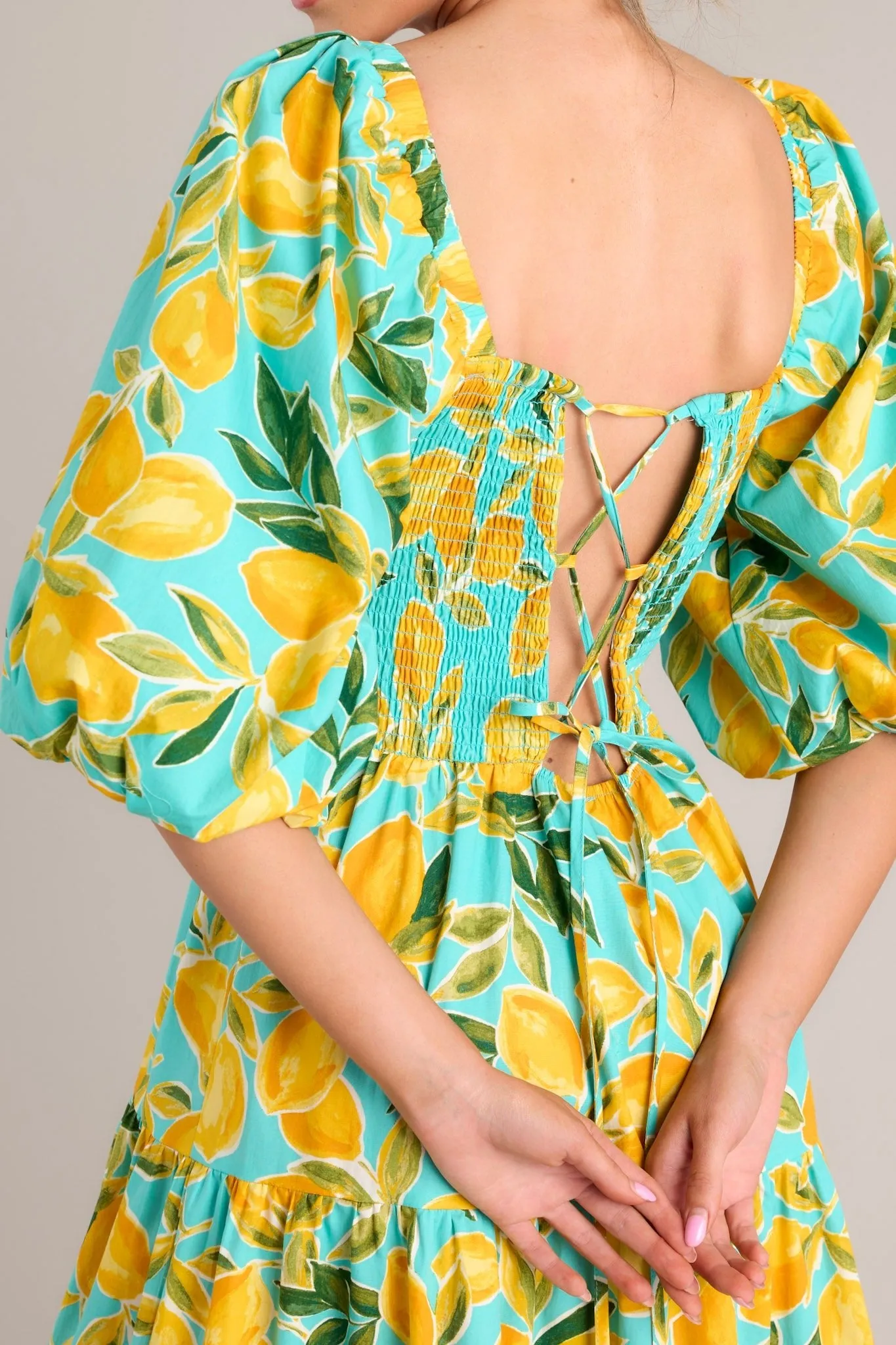 Feeling Zesty Aqua Lemon Print Midi Dress