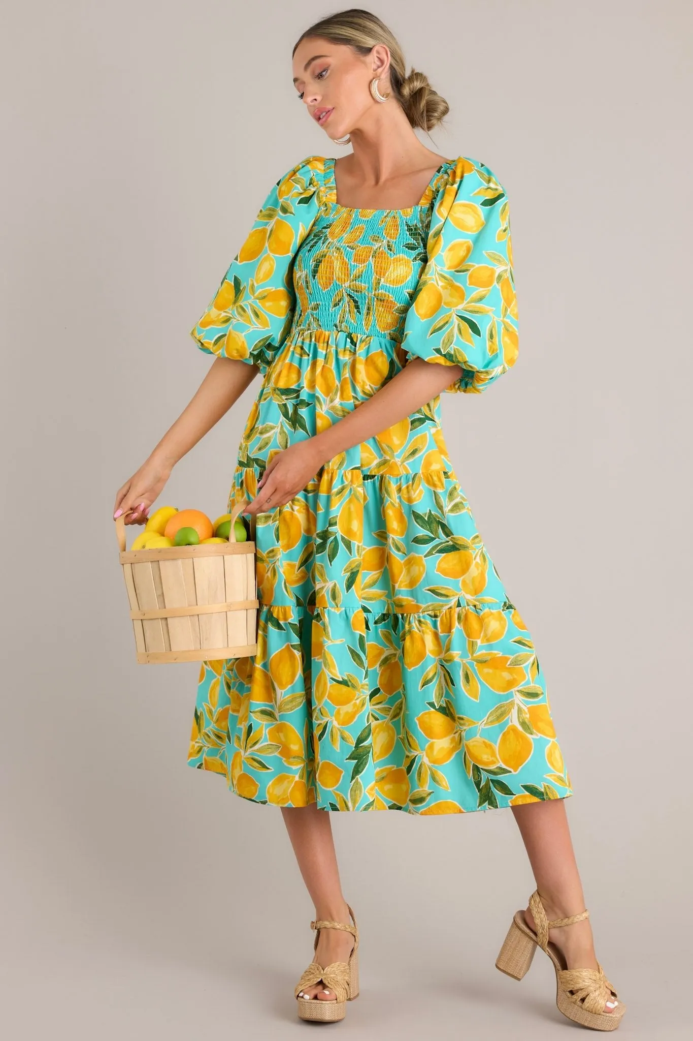 Feeling Zesty Aqua Lemon Print Midi Dress