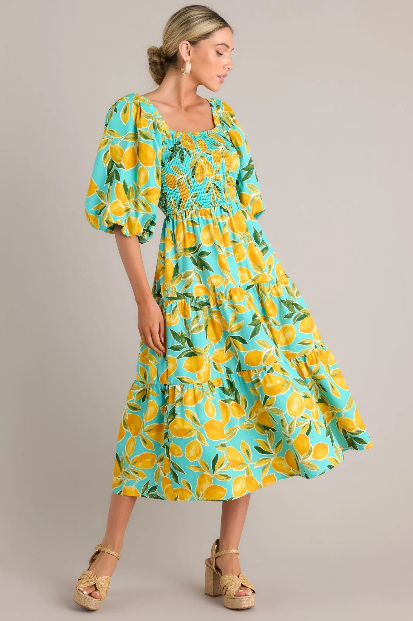 Feeling Zesty Aqua Lemon Print Midi Dress