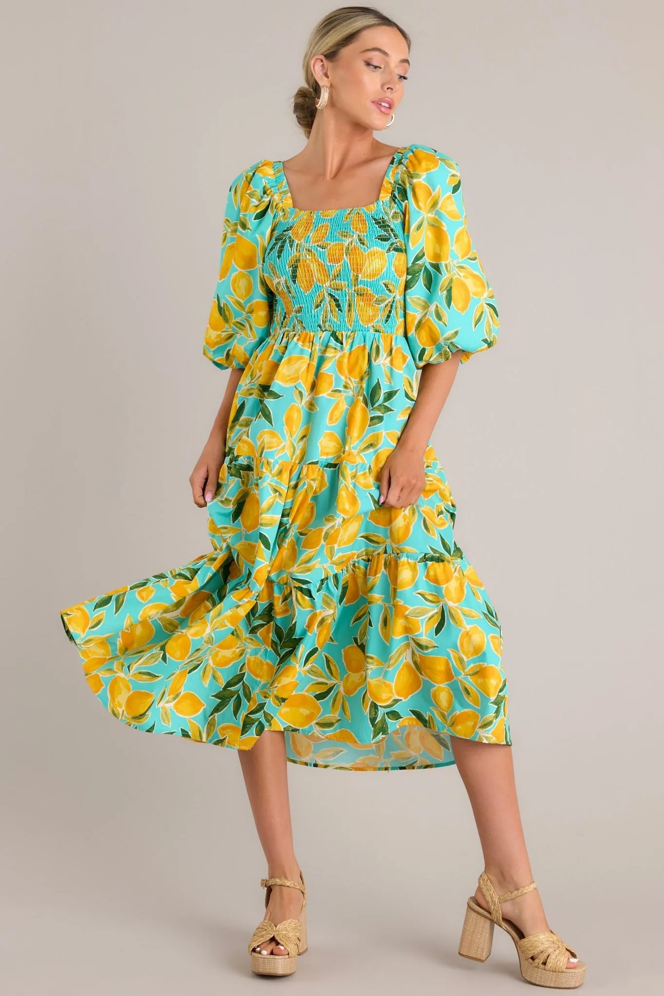 Feeling Zesty Aqua Lemon Print Midi Dress