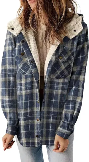 Female Casual Plaid Hooded Woolen Coat Thickened Fleece-lined Warm Jacket