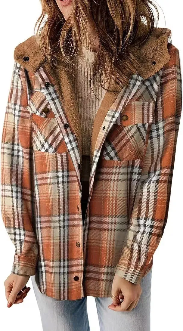 Female Casual Plaid Hooded Woolen Coat Thickened Fleece-lined Warm Jacket