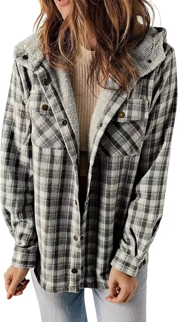 Female Casual Plaid Hooded Woolen Coat Thickened Fleece-lined Warm Jacket