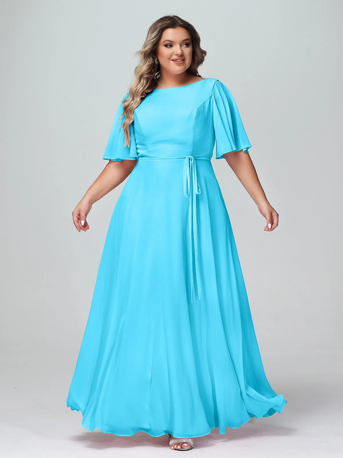 Flutter Sleeves Chiffon Max Dresses with Sash Bow-Pool Plus Size