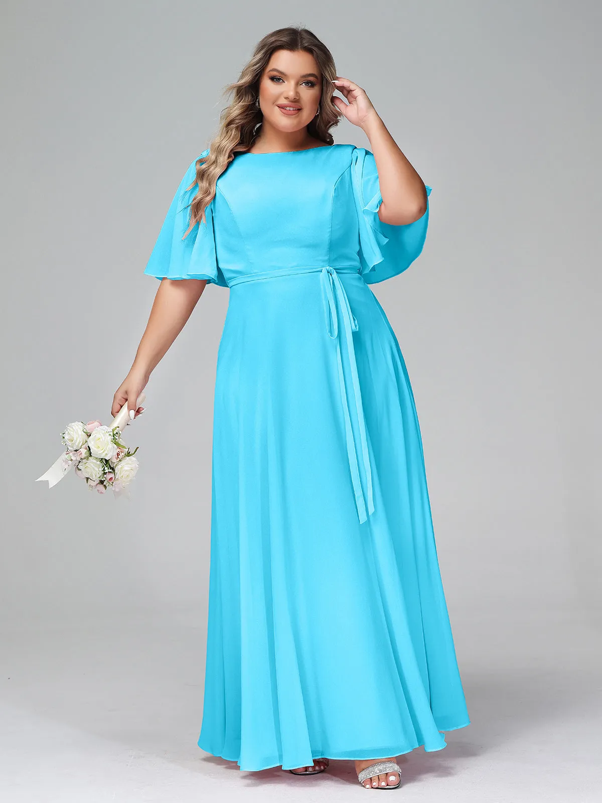 Flutter Sleeves Chiffon Max Dresses with Sash Bow-Pool Plus Size