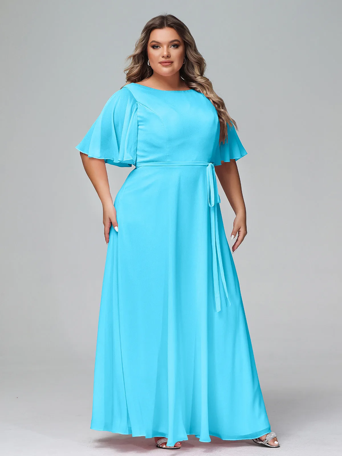 Flutter Sleeves Chiffon Max Dresses with Sash Bow-Pool Plus Size