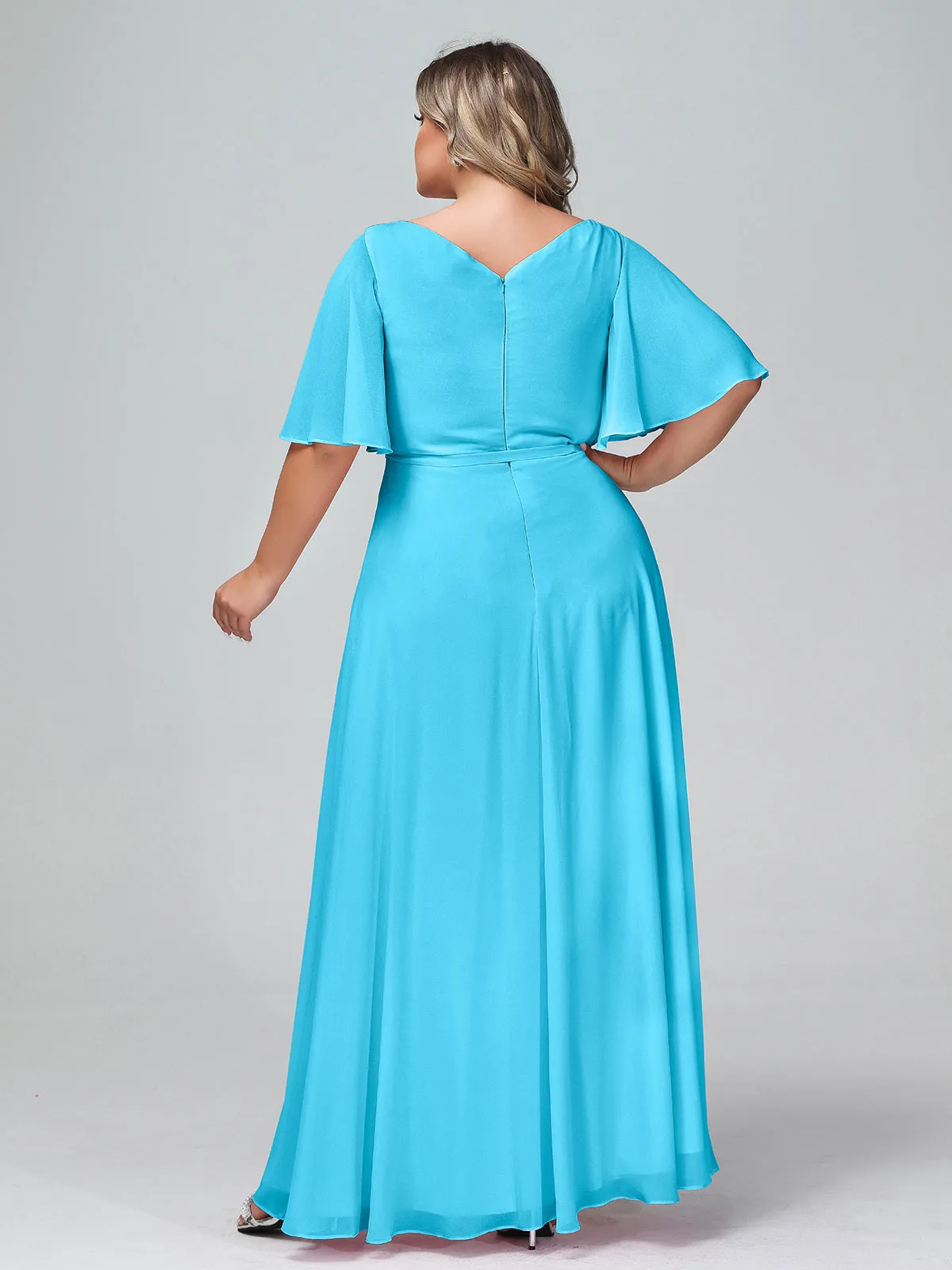 Flutter Sleeves Chiffon Max Dresses with Sash Bow-Pool Plus Size