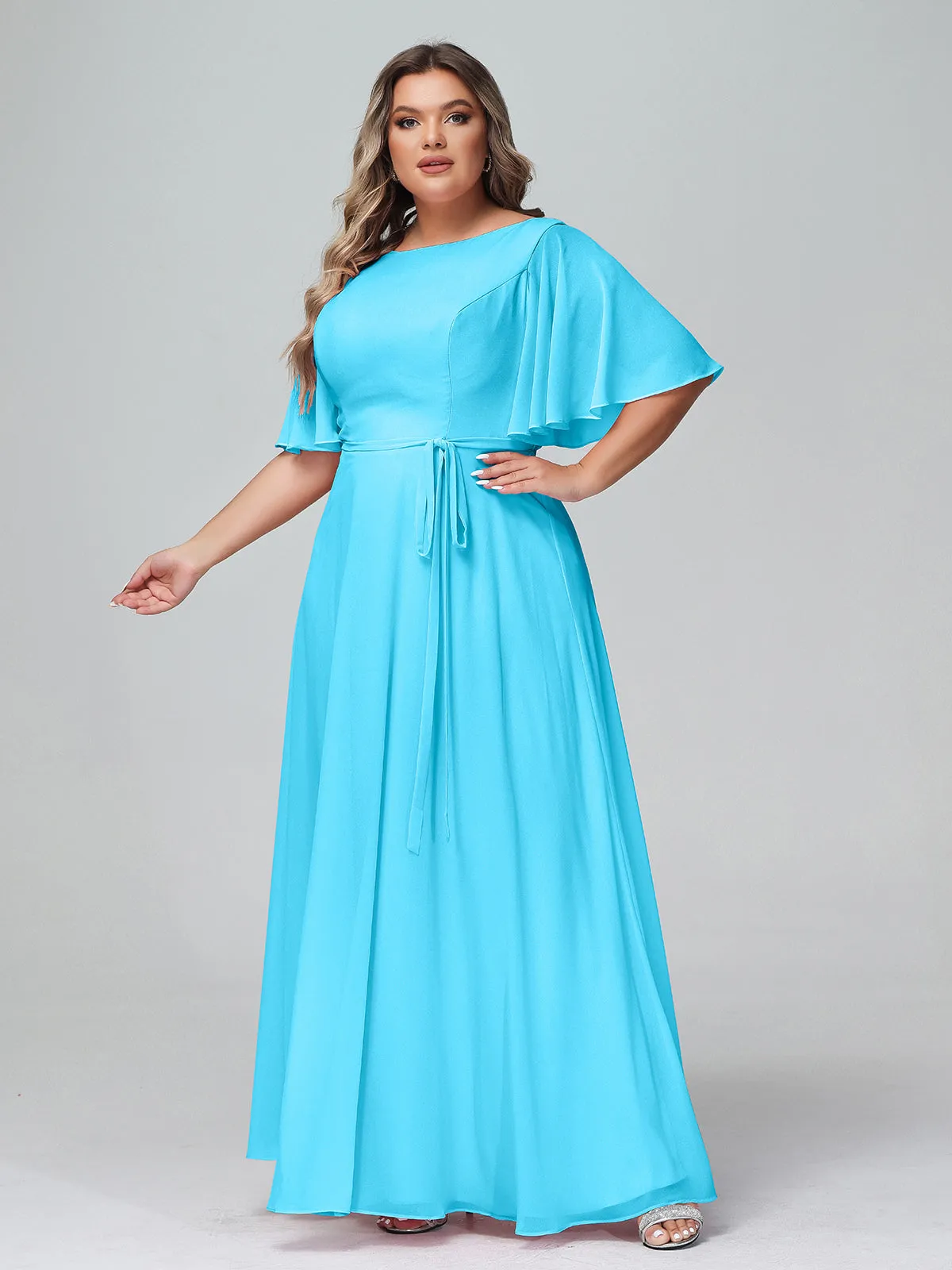 Flutter Sleeves Chiffon Max Dresses with Sash Bow-Pool Plus Size