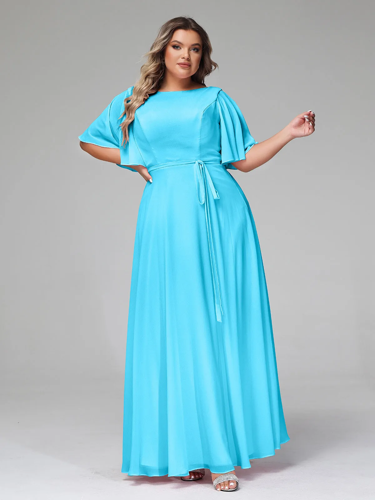 Flutter Sleeves Chiffon Max Dresses with Sash Bow-Pool Plus Size