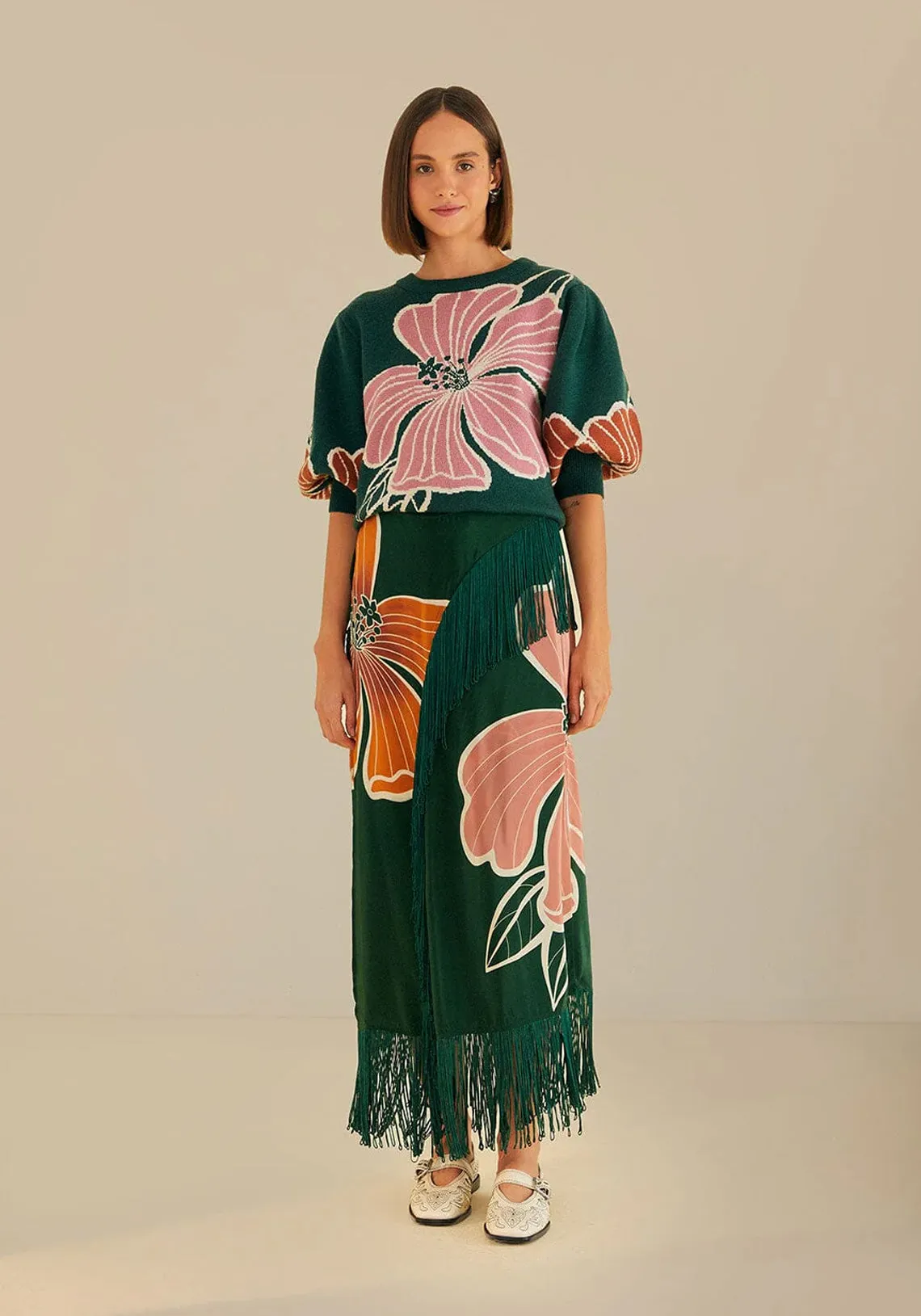 HONOLULU FLOWERS GREEN FRINGE MAXI SKIRT