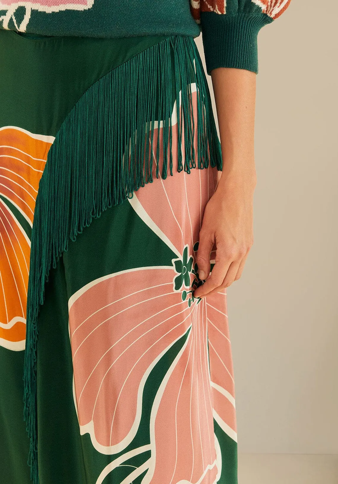 HONOLULU FLOWERS GREEN FRINGE MAXI SKIRT