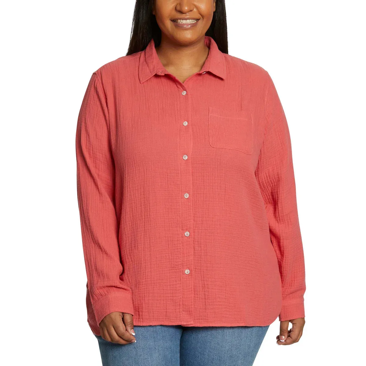 Jessica Simpson Ladies' Cotton Gauze Relaxed Fit Button Front Collared Shirt