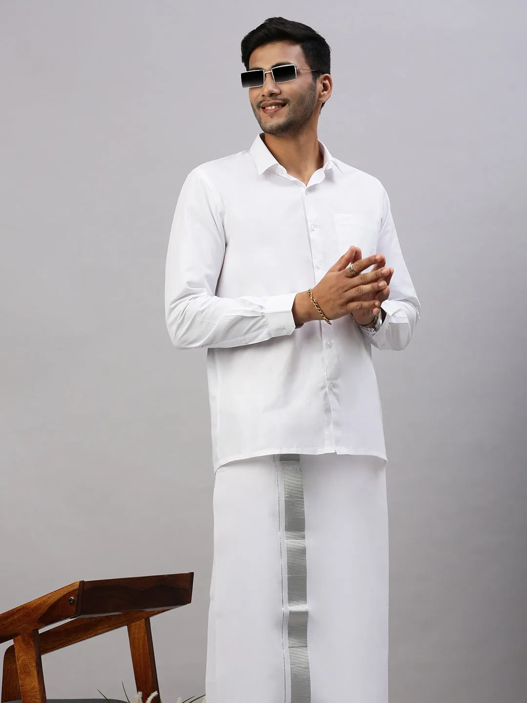 Men Double Dhoti White with Silver Jari 1 1/2" Special Pet