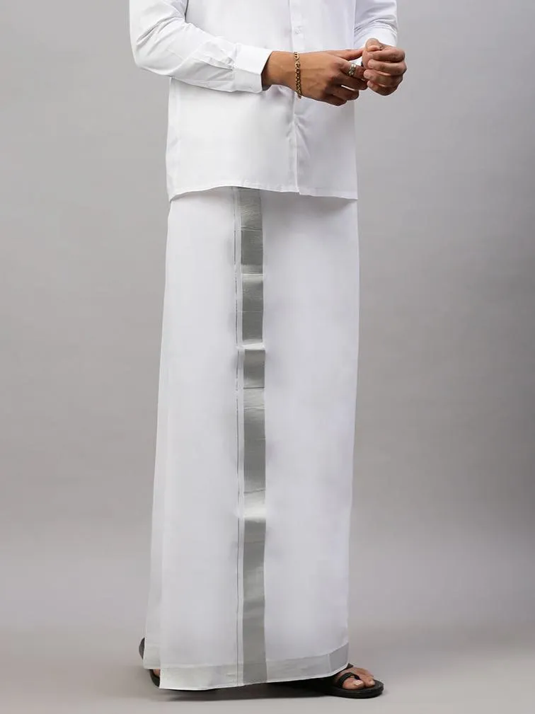 Men Double Dhoti White with Silver Jari 1 1/2" Special Pet