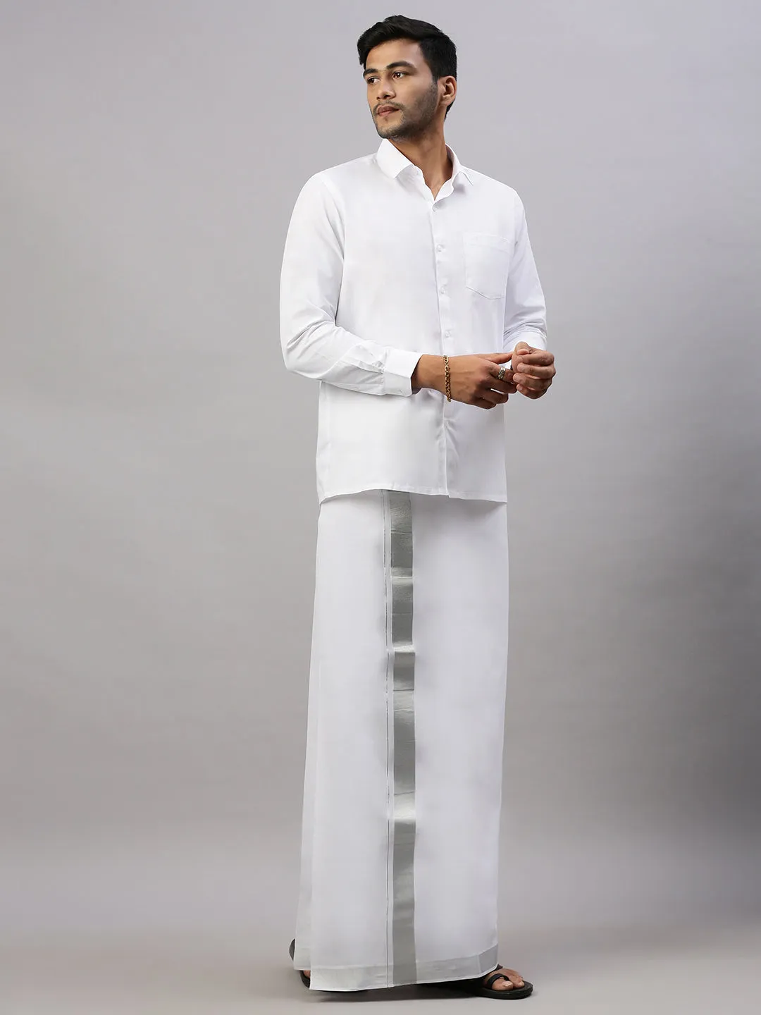 Men Double Dhoti White with Silver Jari 1 1/2" Special Pet