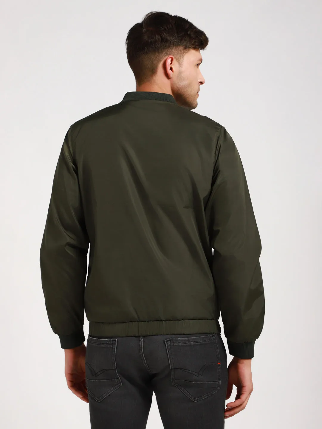 Men's Rib Collar Regular Fit Solid Green Bomber Jacket