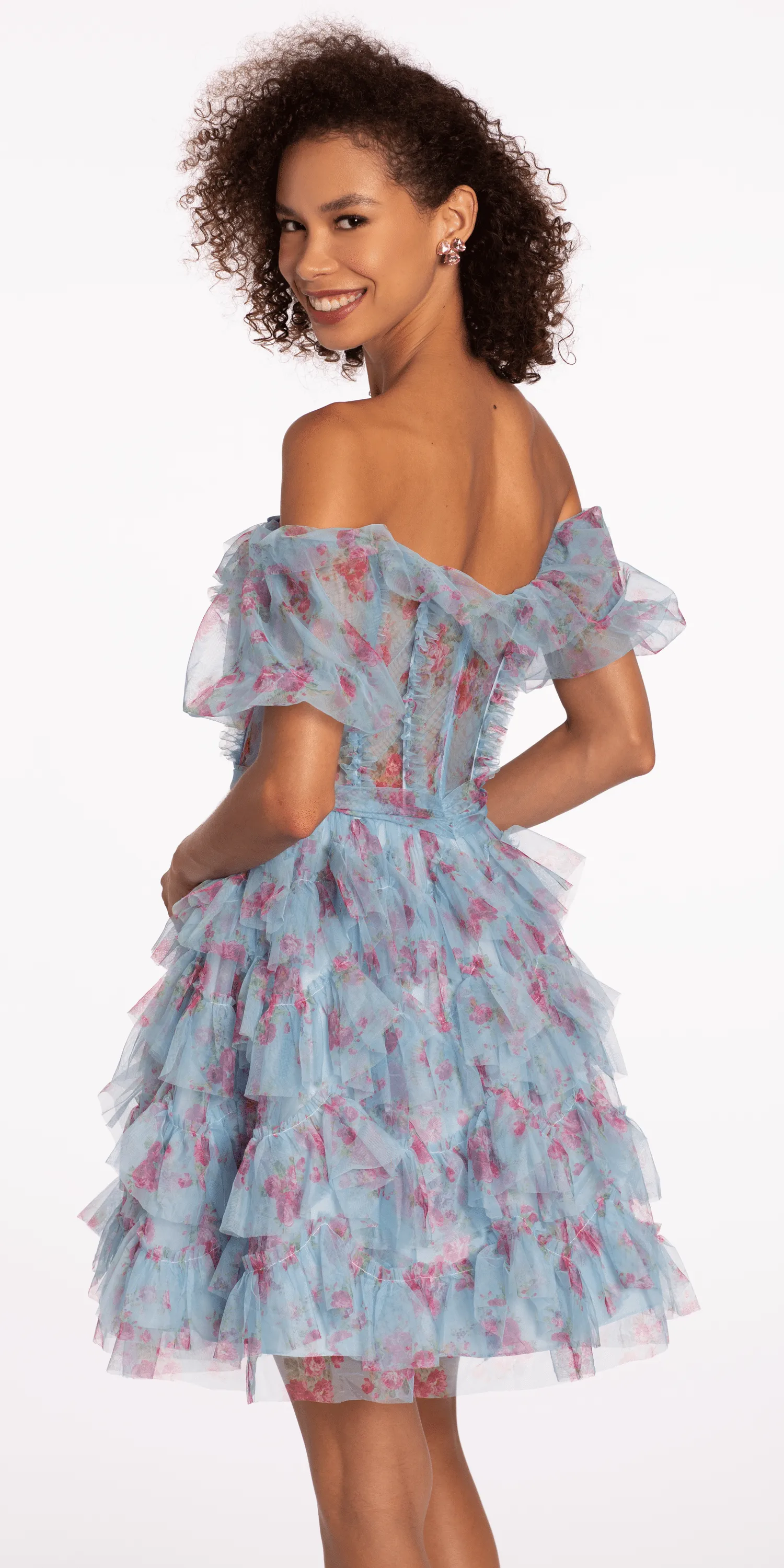 Mesh Print Off the Shoulder Ruffle Fit and Flare Dress