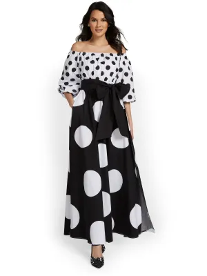 Petite Polka-Dot Off-The-Shoulder Maxi Dress