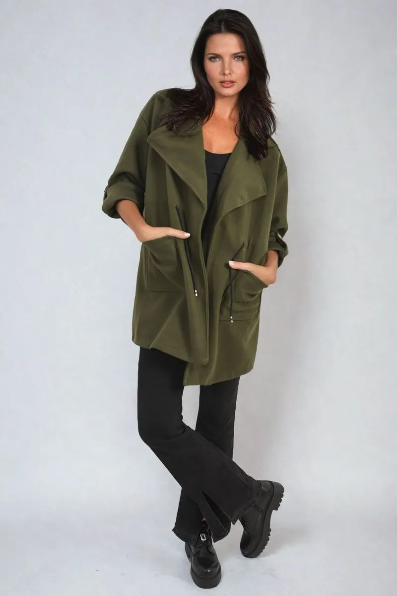 Roll Tab Sleeve Drawstring Waist Open Front Trench Coat Jacket