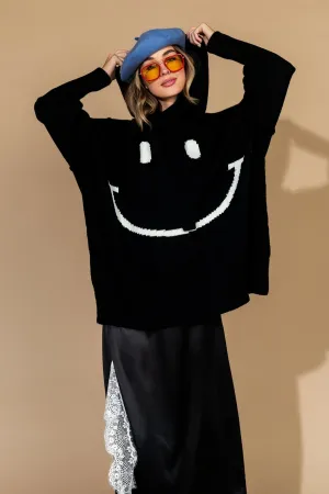 Serotonin Smile Oversized Knit Hoodie in Black