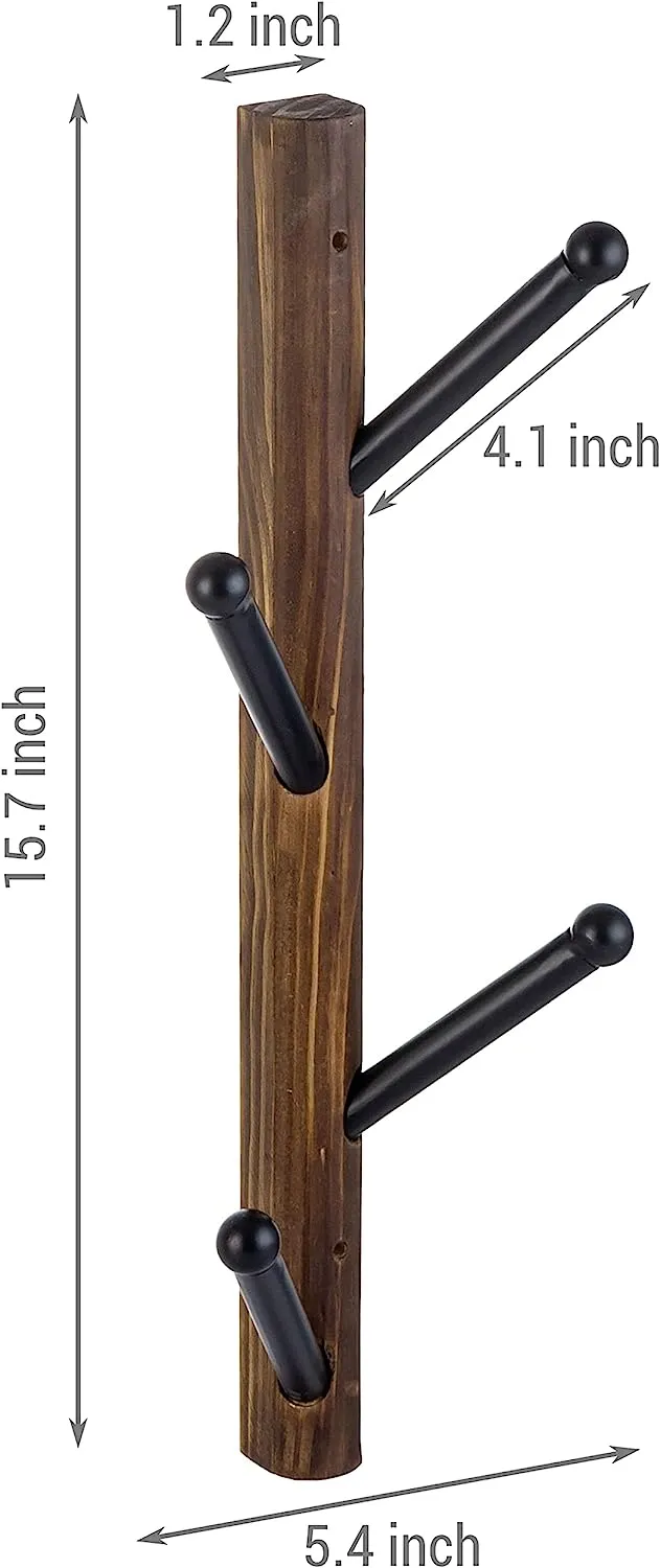 Set of 2, Wood and Black Metal Coat Rack, Vertical Wall Mounted Hat Hanging Coat Tree Hook Rack