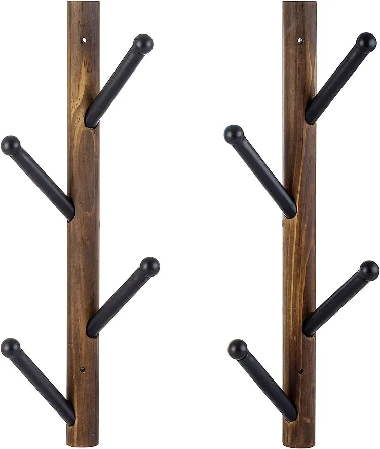 Set of 2, Wood and Black Metal Coat Rack, Vertical Wall Mounted Hat Hanging Coat Tree Hook Rack